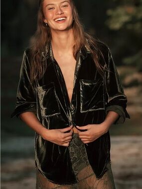 Pilcro The Hadley Relaxed Velvet Button-Up shirt Dark Olive Sz XL